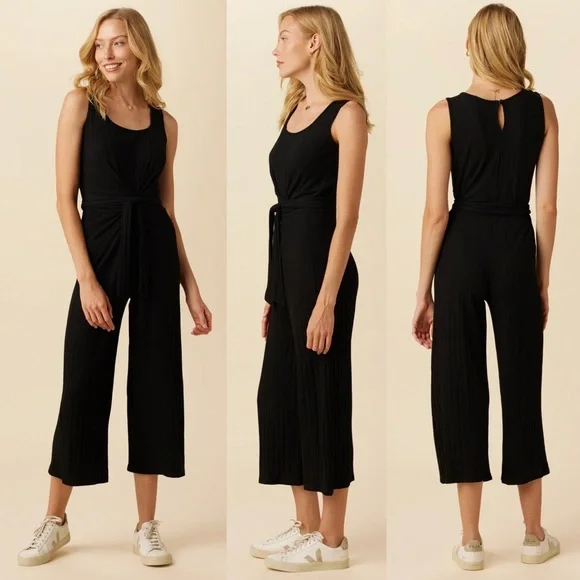 Amour Vert Briar Provence Rib Jumpsuit Black Size L Large Ankle Crop Minimalist - Picture 2 of 15